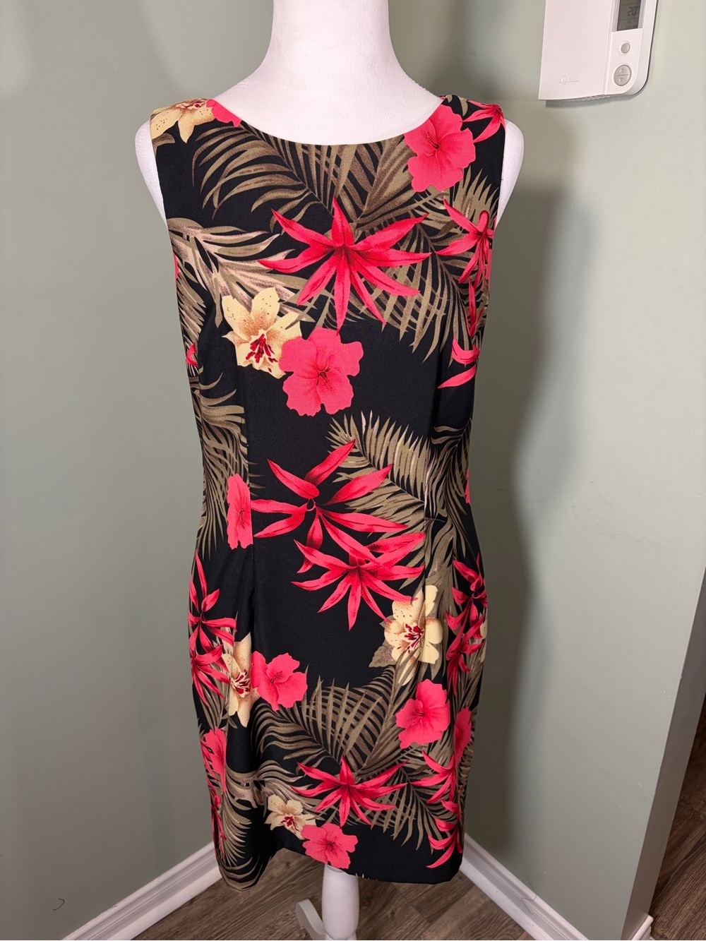 329. Alyx Dress Tropical Floral Black Sheath Dress with Coral & Tan Blooms